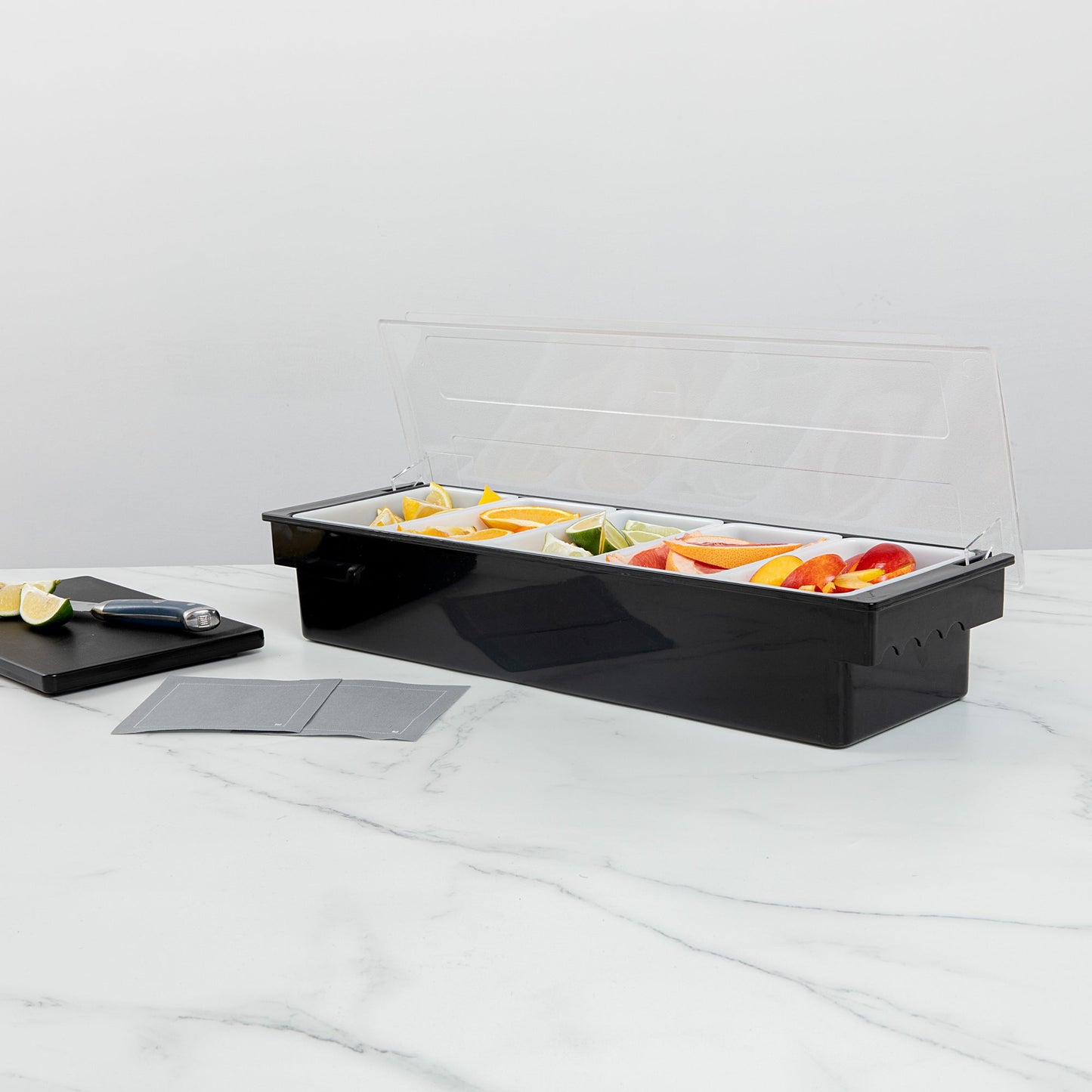 Bar Lux Black Plastic Condiment Caddy - 5 Compartments - 19 1/2" x 6 1/4" x 3 3/4" - 1 count box