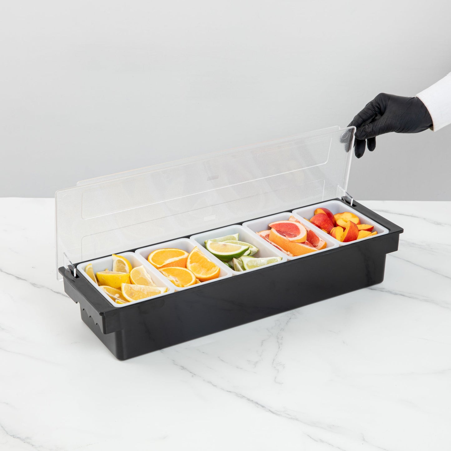 Bar Lux Black Plastic Condiment Caddy - 5 Compartments - 19 1/2" x 6 1/4" x 3 3/4" - 1 count box