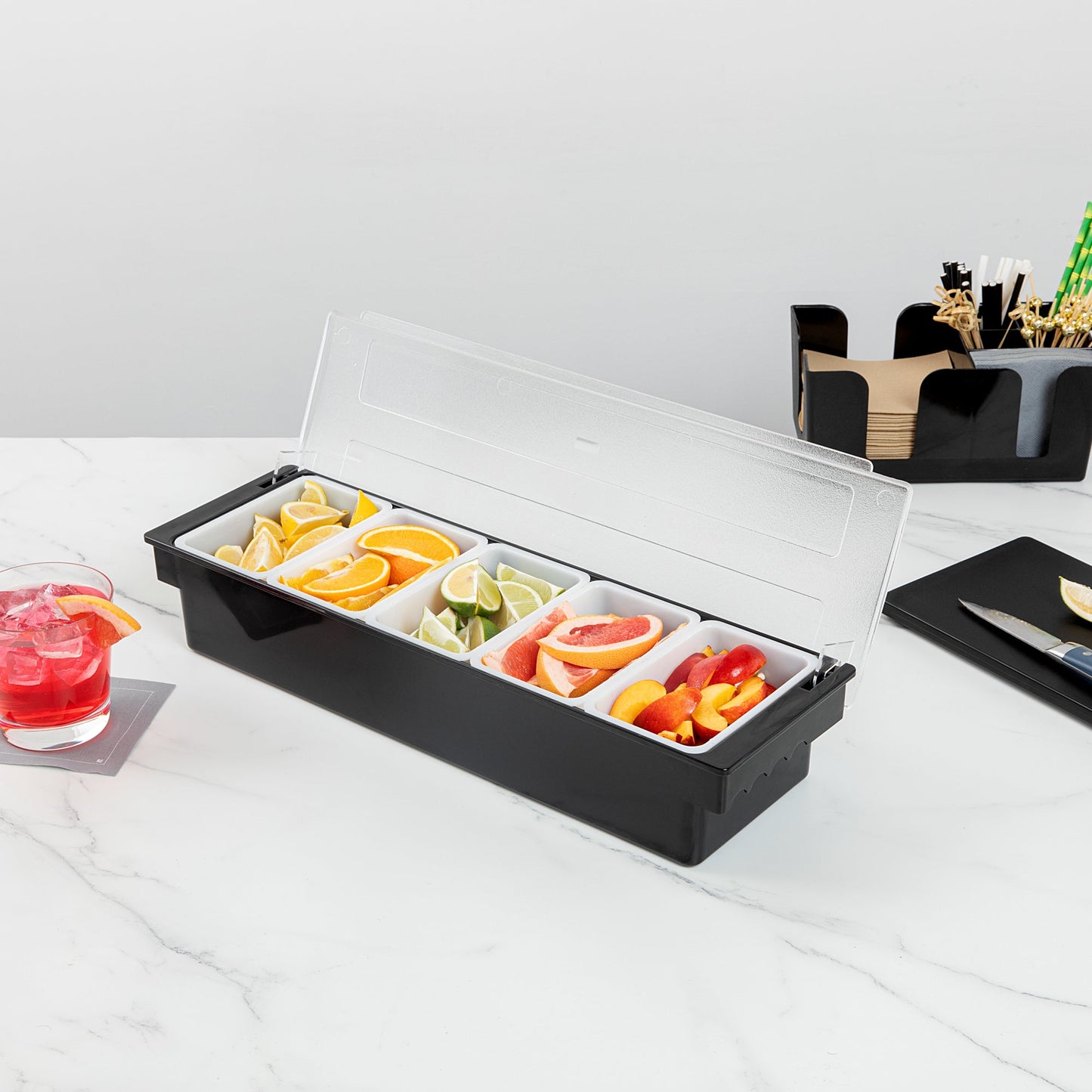 Bar Lux Black Plastic Condiment Caddy - 5 Compartments - 19 1/2" x 6 1/4" x 3 3/4" - 1 count box