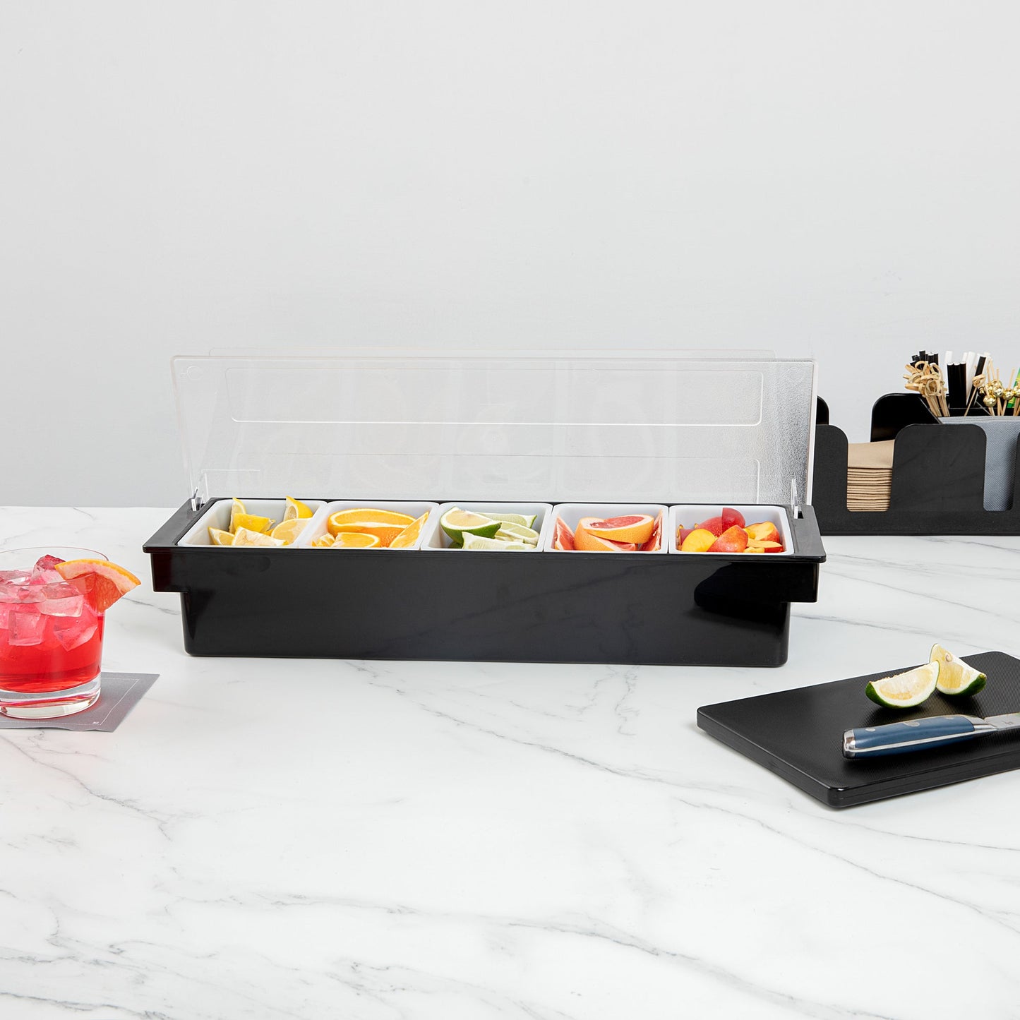 Bar Lux Black Plastic Condiment Caddy - 5 Compartments - 19 1/2" x 6 1/4" x 3 3/4" - 1 count box