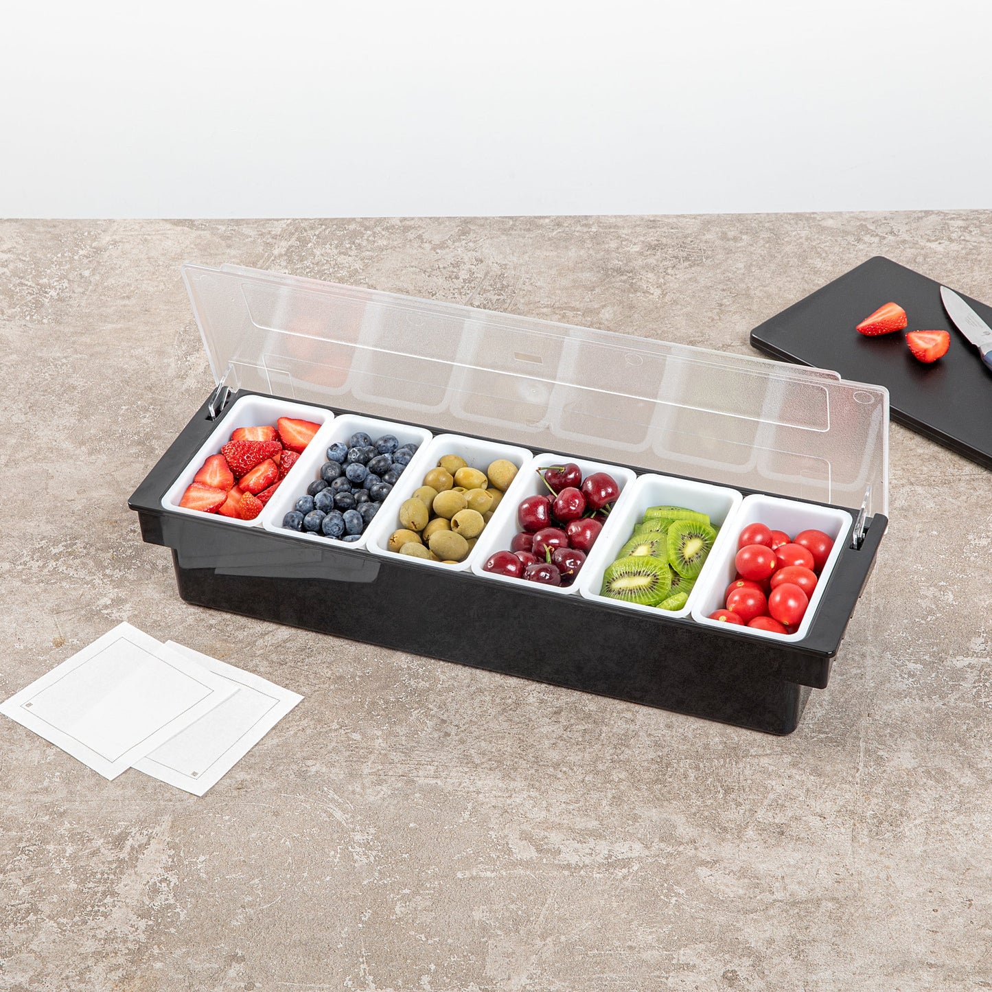 Bar Lux Black Plastic Condiment Caddy - 6 Compartments - 19 1/2" x 6 1/4" x 3 3/4" - 1 count box