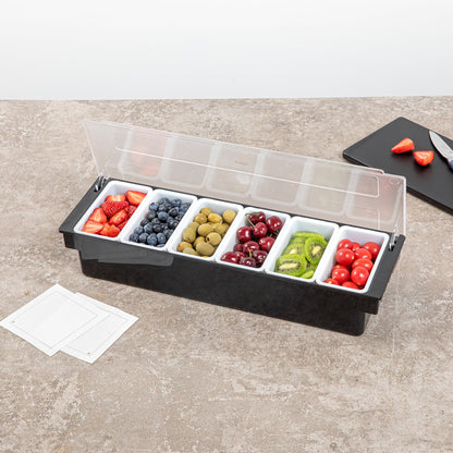 Bar Lux Black Plastic Condiment Caddy - 6 Compartments - 19 1/2" x 6 1/4" x 3 3/4" - 1 count box