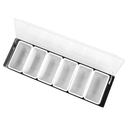 Bar Lux Black Plastic Condiment Caddy - 6 Compartments - 19 1/2" x 6 1/4" x 3 3/4" - 1 count box