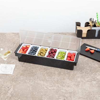 Bar Lux Black Plastic Condiment Caddy - 6 Compartments - 19 1/2" x 6 1/4" x 3 3/4" - 1 count box
