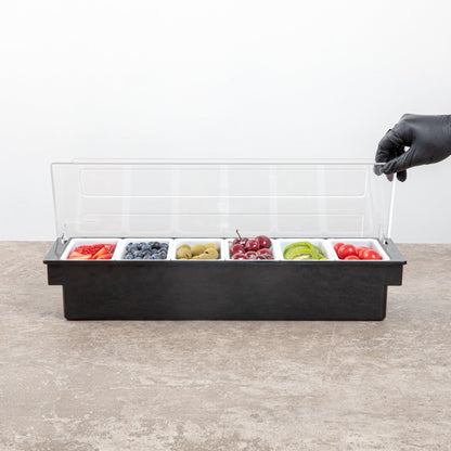 Bar Lux Black Plastic Condiment Caddy - 6 Compartments - 19 1/2" x 6 1/4" x 3 3/4" - 1 count box