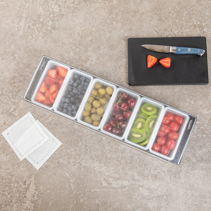 Bar Lux Black Plastic Condiment Caddy - 6 Compartments - 19 1/2" x 6 1/4" x 3 3/4" - 1 count box