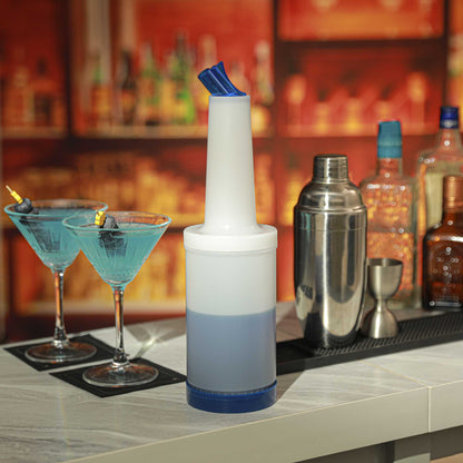 Bar Lux 1 qt Plastic Quick Pour Storage Container Bottle - with Blue Spout and Lid - 3 1/2" x 3 1/2" x 13" - 1 count box