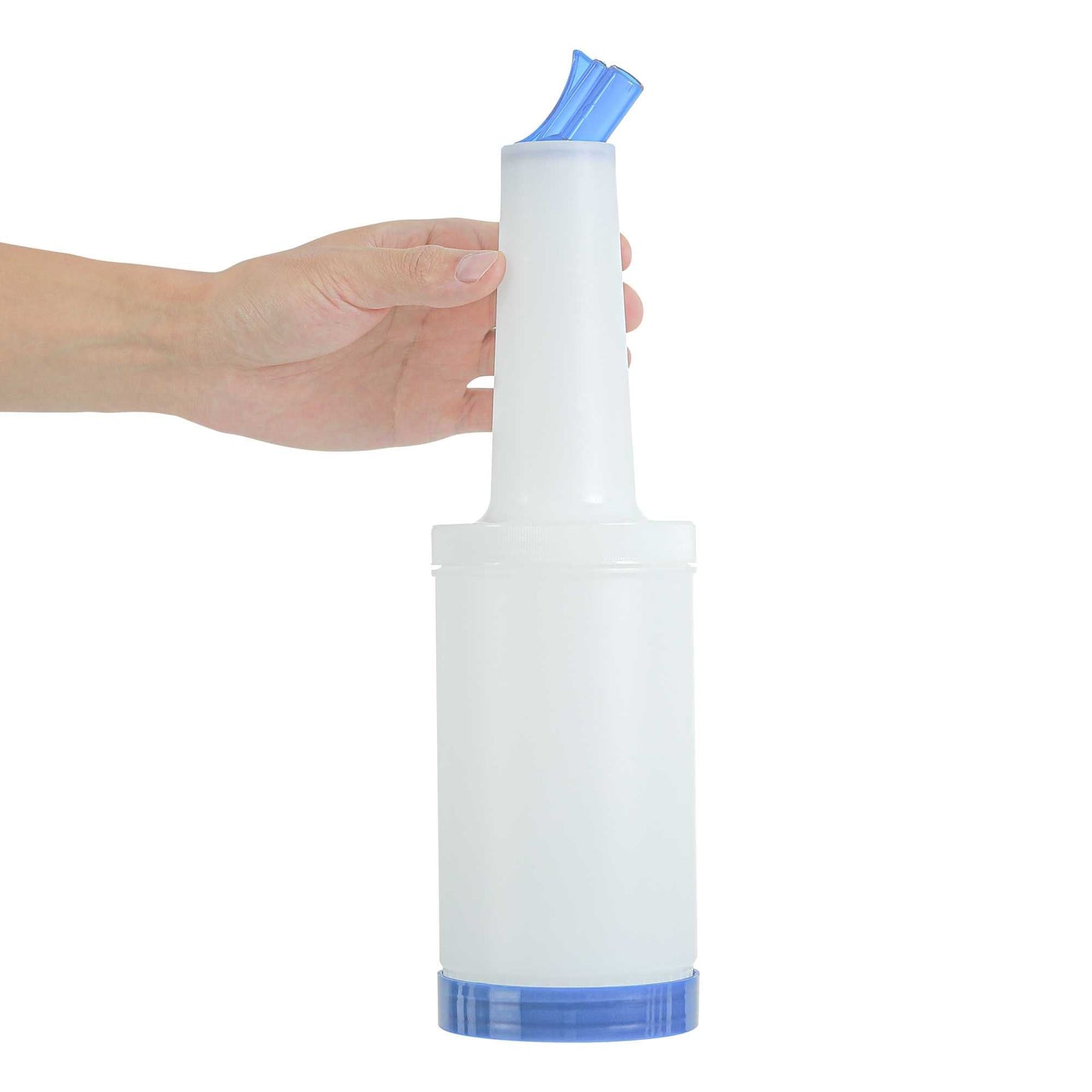 Bar Lux 1 qt Plastic Quick Pour Storage Container Bottle - with Blue Spout and Lid - 3 1/2" x 3 1/2" x 13" - 1 count box