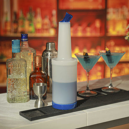 Bar Lux 1 qt Plastic Quick Pour Storage Container Bottle - with Blue Spout and Lid - 3 1/2" x 3 1/2" x 13" - 1 count box