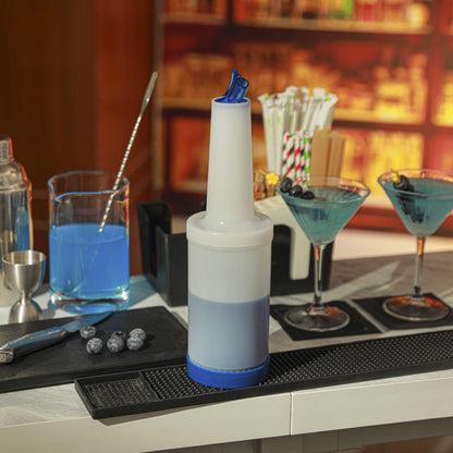 Bar Lux 1 qt Plastic Quick Pour Storage Container Bottle - with Blue Spout and Lid - 3 1/2" x 3 1/2" x 13" - 1 count box