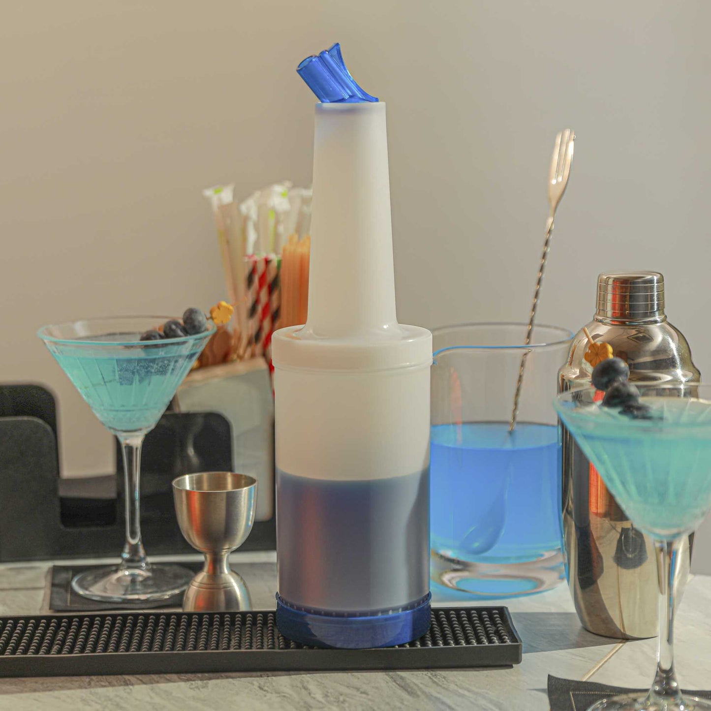 Bar Lux 1 qt Plastic Quick Pour Storage Container Bottle - with Blue Spout and Lid - 3 1/2" x 3 1/2" x 13" - 1 count box