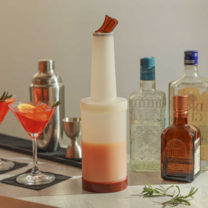 Bar Lux 1 qt Plastic Quick Pour Storage Container Bottle - with Brown Spout and Lid - 3 1/2" x 3 1/2" x 13" - 1 count box