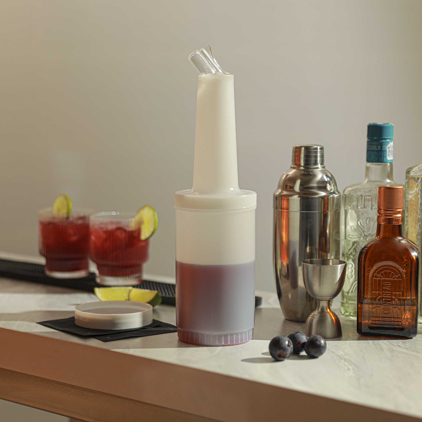 Bar Lux 1 qt Plastic Quick Pour Storage Container Bottle - with Clear Spout and Lid - 3 1/2" x 3 1/2" x 13" - 1 count box