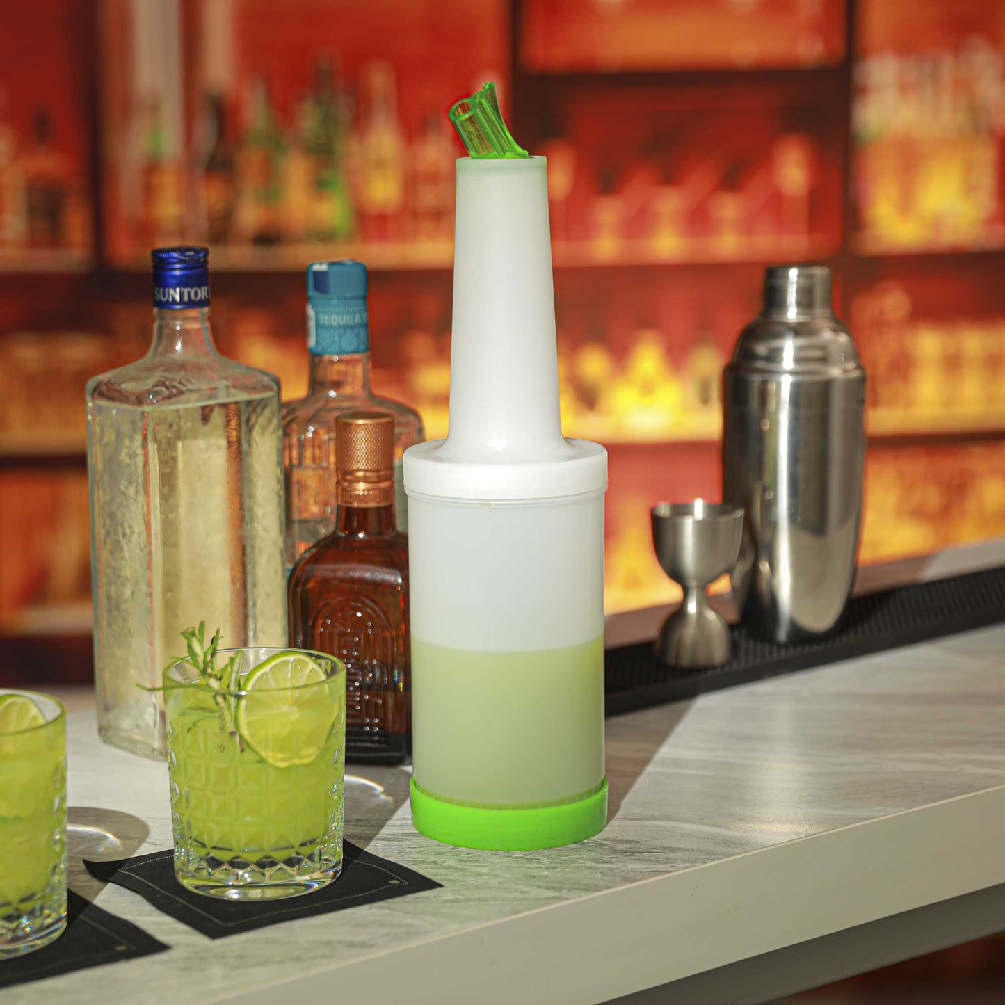 Bar Lux 1 qt Plastic Quick Pour Storage Container Bottle - with Green Spout and Lid - 3 1/2" x 3 1/2" x 13" - 1 count box