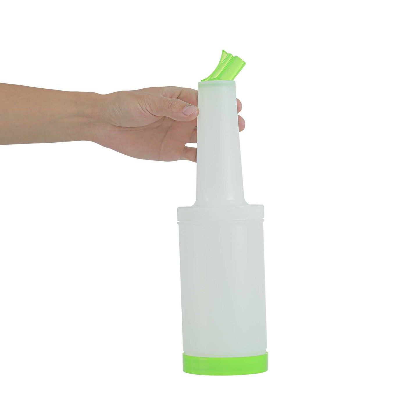 Bar Lux 1 qt Plastic Quick Pour Storage Container Bottle - with Green Spout and Lid - 3 1/2" x 3 1/2" x 13" - 1 count box
