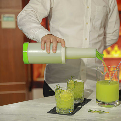 Bar Lux 1 qt Plastic Quick Pour Storage Container Bottle - with Green Spout and Lid - 3 1/2" x 3 1/2" x 13" - 1 count box