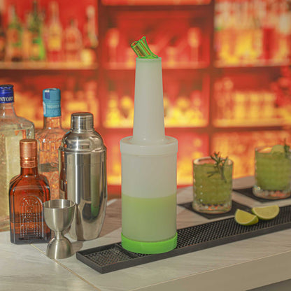 Bar Lux 1 qt Plastic Quick Pour Storage Container Bottle - with Green Spout and Lid - 3 1/2" x 3 1/2" x 13" - 1 count box