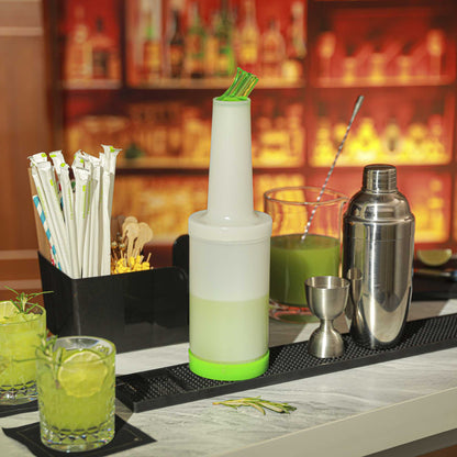 Bar Lux 1 qt Plastic Quick Pour Storage Container Bottle - with Green Spout and Lid - 3 1/2" x 3 1/2" x 13" - 1 count box