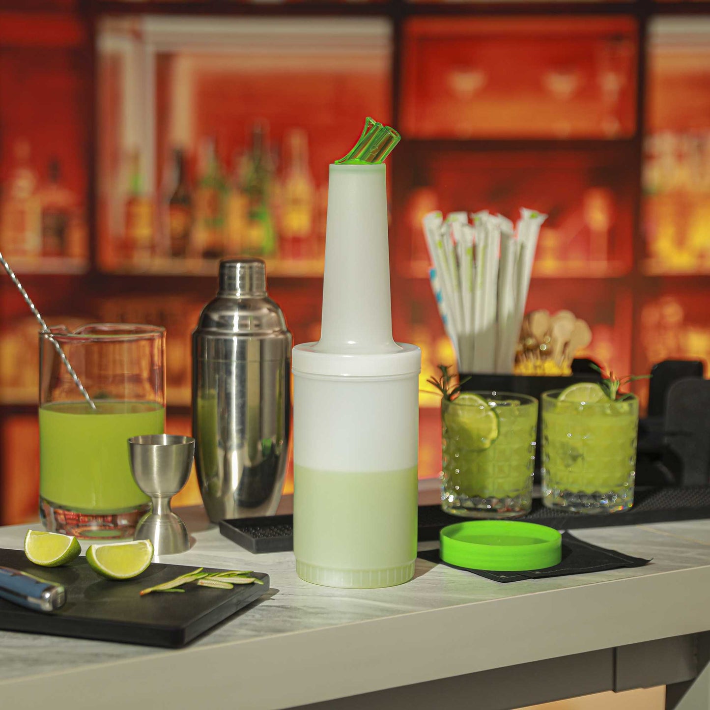 Bar Lux 1 qt Plastic Quick Pour Storage Container Bottle - with Green Spout and Lid - 3 1/2" x 3 1/2" x 13" - 1 count box