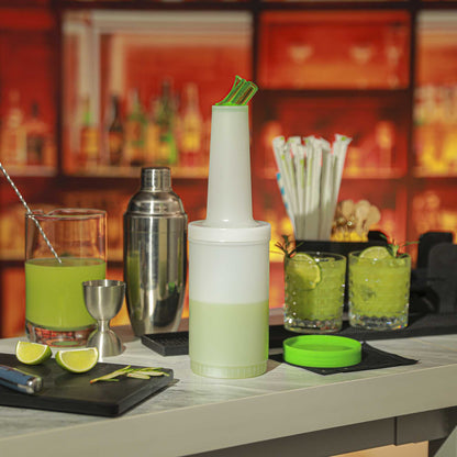 Bar Lux 1 qt Plastic Quick Pour Storage Container Bottle - with Green Spout and Lid - 3 1/2" x 3 1/2" x 13" - 1 count box