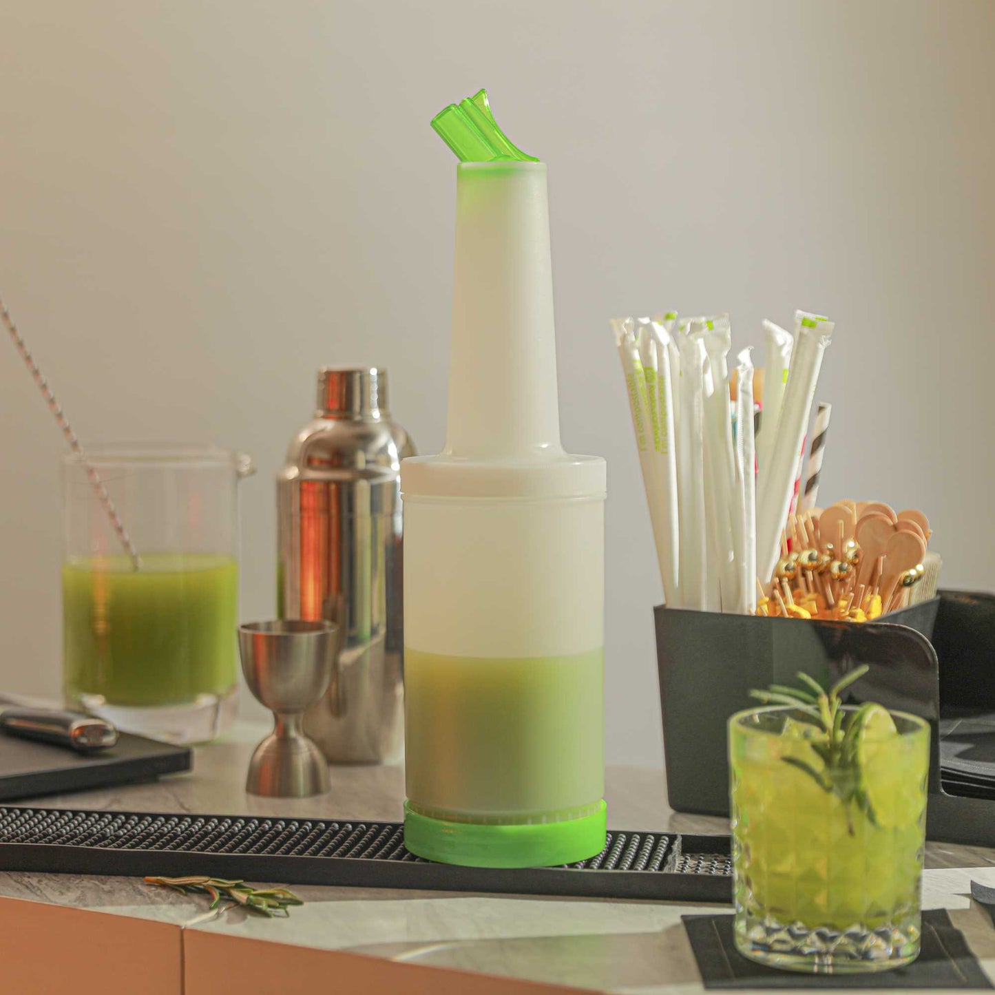 Bar Lux 1 qt Plastic Quick Pour Storage Container Bottle - with Green Spout and Lid - 3 1/2" x 3 1/2" x 13" - 1 count box