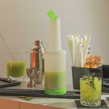 Bar Lux 1 qt Plastic Quick Pour Storage Container Bottle - with Green Spout and Lid - 3 1/2" x 3 1/2" x 13" - 1 count box