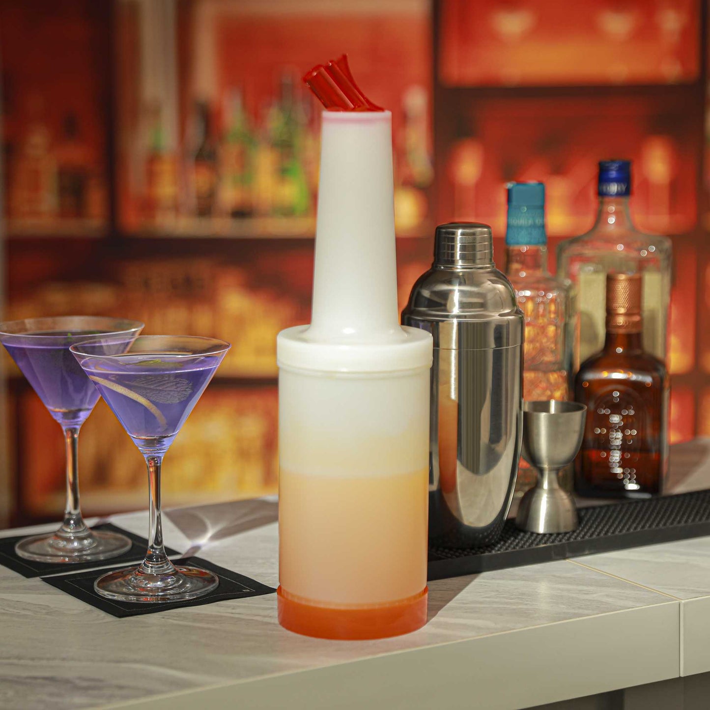 Bar Lux 1 qt Plastic Quick Pour Storage Container Bottle - with Orange Spout and Lid - 3 1/2" x 3 1/2" x 13" - 1 count box