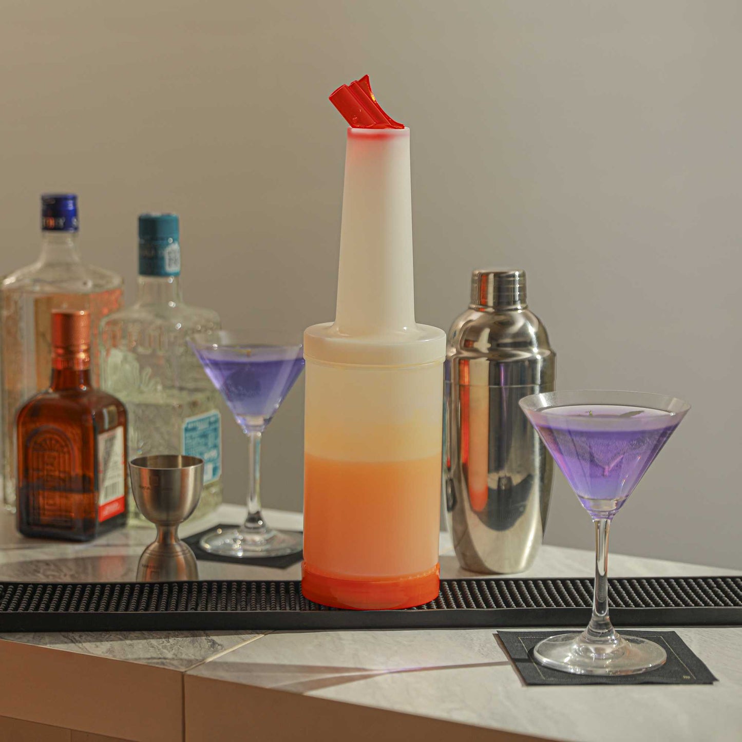 Bar Lux 1 qt Plastic Quick Pour Storage Container Bottle - with Orange Spout and Lid - 3 1/2" x 3 1/2" x 13" - 1 count box