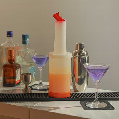 Bar Lux 1 qt Plastic Quick Pour Storage Container Bottle - with Orange Spout and Lid - 3 1/2" x 3 1/2" x 13" - 1 count box