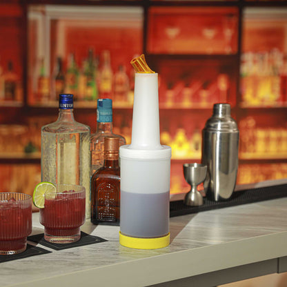 Bar Lux 1 qt Plastic Quick Pour Storage Container Bottle - with Yellow Spout and Lid - 3 1/2" x 3 1/2" x 13" - 1 count box