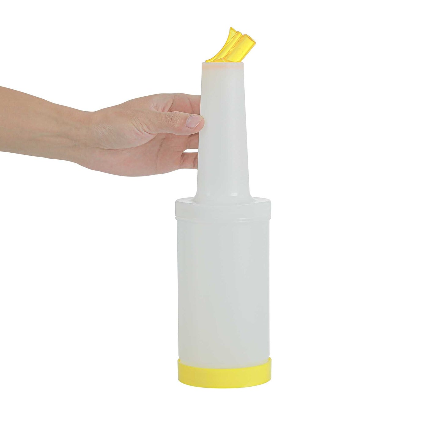 Bar Lux 1 qt Plastic Quick Pour Storage Container Bottle - with Yellow Spout and Lid - 3 1/2" x 3 1/2" x 13" - 1 count box