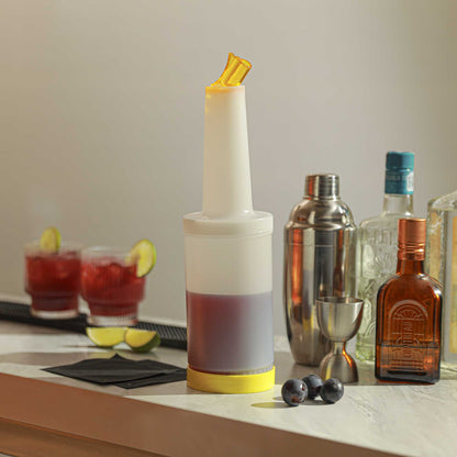 Bar Lux 1 qt Plastic Quick Pour Storage Container Bottle - with Yellow Spout and Lid - 3 1/2" x 3 1/2" x 13" - 1 count box