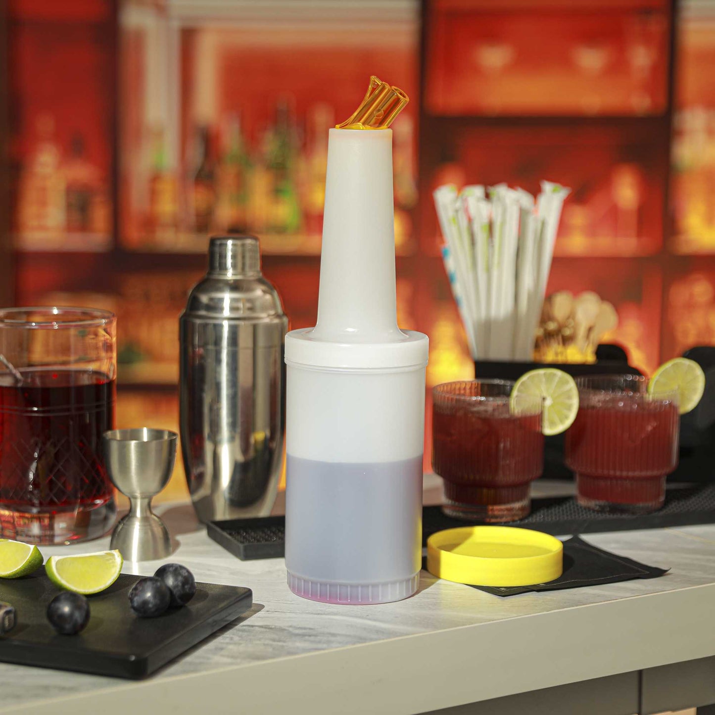 Bar Lux 1 qt Plastic Quick Pour Storage Container Bottle - with Yellow Spout and Lid - 3 1/2" x 3 1/2" x 13" - 1 count box