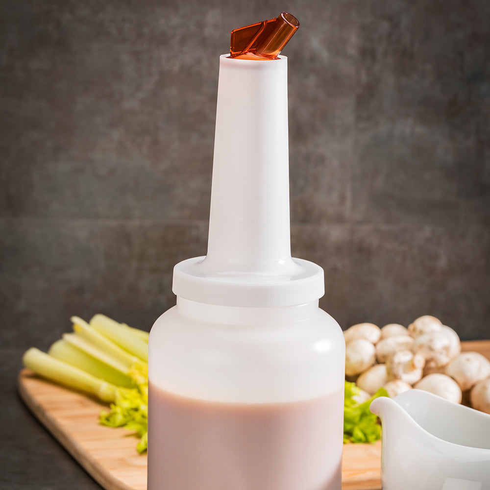 Bar Lux 2 qt Plastic Quick Pour Storage Container Bottle - with Brown Spout and Lid - 4 3/4" x 4 3/4" x 13 3/4" - 1 count box