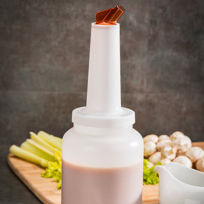 Bar Lux 2 qt Plastic Quick Pour Storage Container Bottle - with Brown Spout and Lid - 4 3/4" x 4 3/4" x 13 3/4" - 1 count box