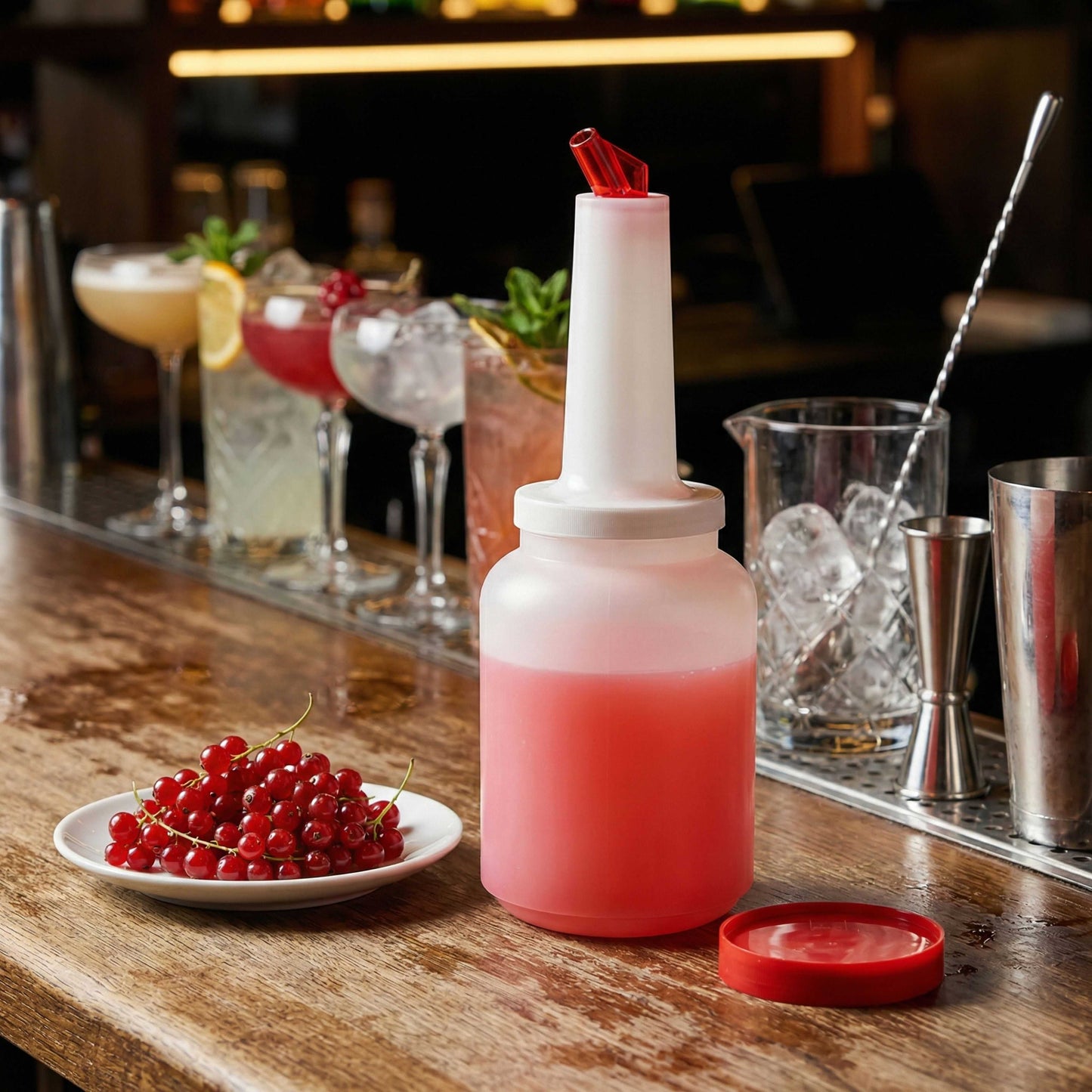 Bar Lux 2 qt Plastic Quick Pour Storage Container Bottle - with Red Spout and Lid - 4 3/4" x 4 3/4" x 13 3/4" - 1 count box