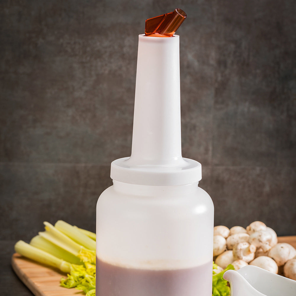 Bar Lux 2.5 qt Plastic Quick Pour Storage Container Bottle - with Brown Spout and Lid - 5" x 5" x 15" - 1 count box