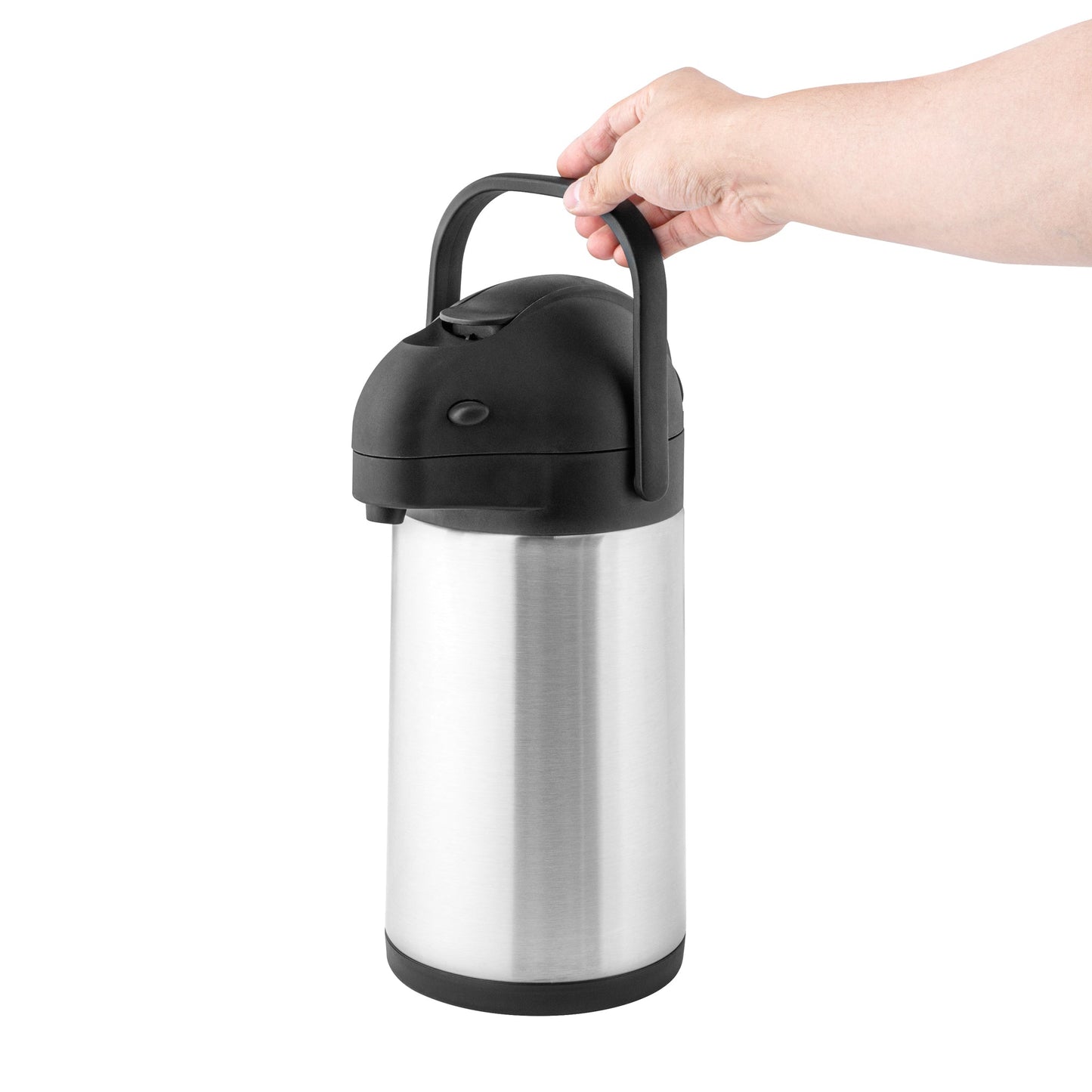Met Lux 2.2L Silver Stainless Steel Airpot Coffee Dispenser - Pump Lever, 24 hr Heat Retention - 6" x 6" x 14" - 1 count box