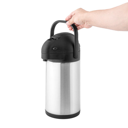 Met Lux 2.2L Silver Stainless Steel Airpot Coffee Dispenser - Pump Lever, 24 hr Heat Retention - 6" x 6" x 14" - 1 count box