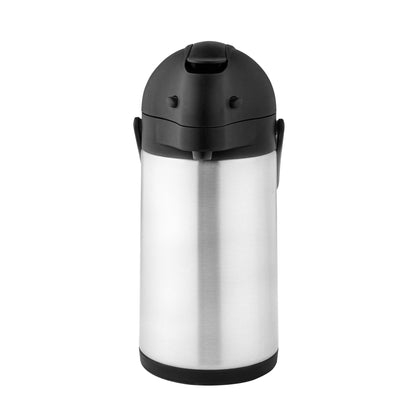 Met Lux 2.2L Silver Stainless Steel Airpot Coffee Dispenser - Pump Lever, 24 hr Heat Retention - 6" x 6" x 14" - 1 count box