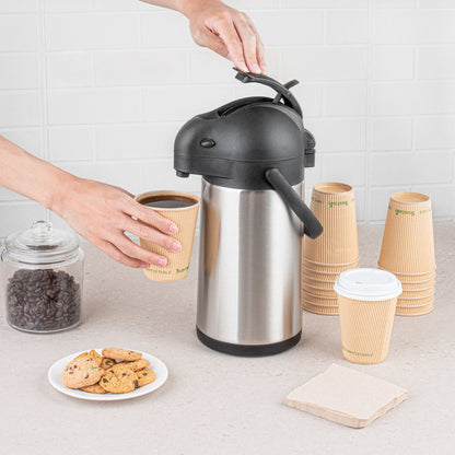Met Lux 2.2L Silver Stainless Steel Airpot Coffee Dispenser - Pump Lever, 24 hr Heat Retention - 6" x 6" x 14" - 1 count box