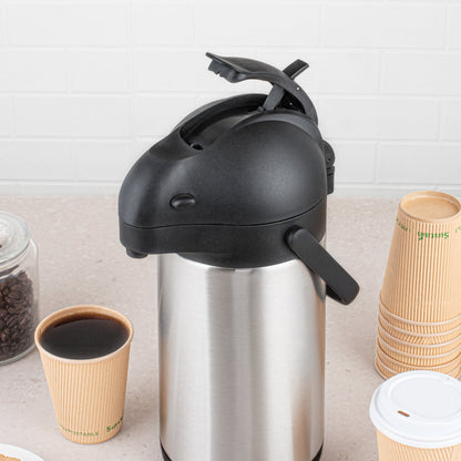 Met Lux 2.2L Silver Stainless Steel Airpot Coffee Dispenser - Pump Lever, 24 hr Heat Retention - 6" x 6" x 14" - 1 count box