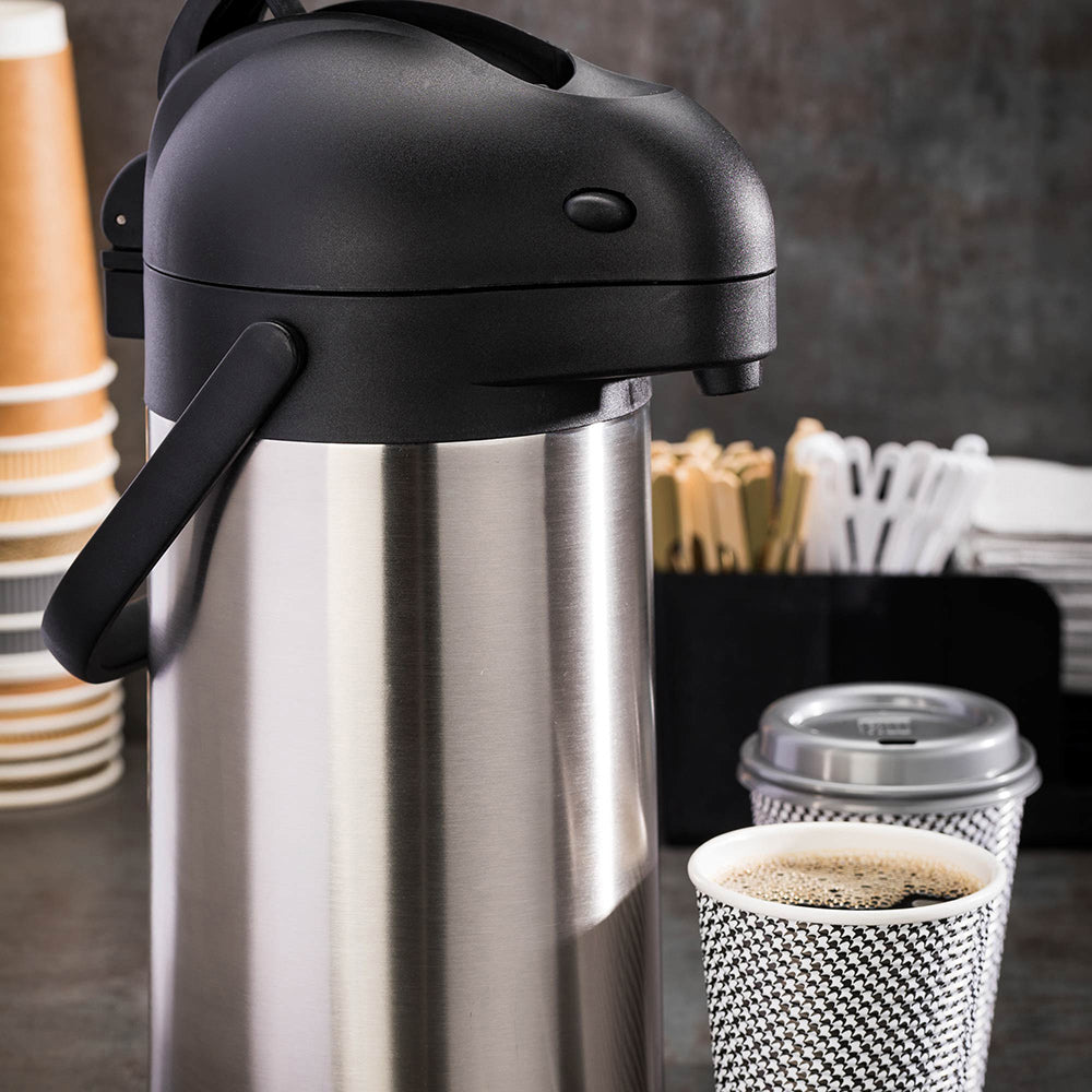 Met Lux 3L Silver Stainless Steel Airpot Coffee Dispenser - Pump Lever, 24 hr Heat Retention - 6" x 6" x 16" - 1 count box