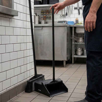 RW Clean Black Plastic Lobby Dustpan - with Handle, Broom Clip - 11 3/4" x 11" x 34" - 1 count box