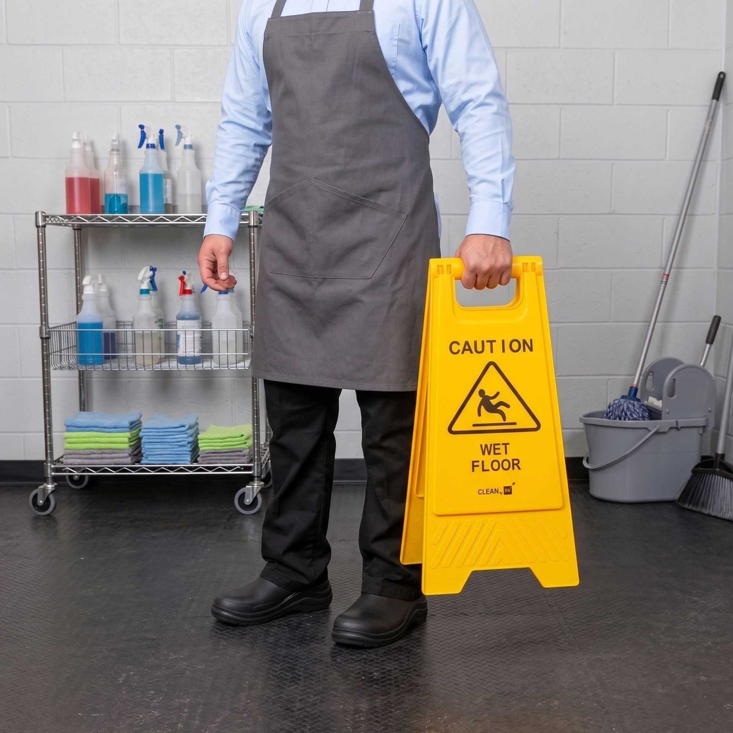 RW Clean Yellow Plastic Caution Wet Floor Sign - Double-Sided - 11 3/4" x 2" x 24 1/2" - 1 count box
