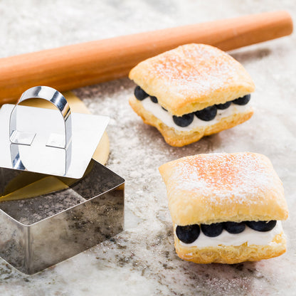 Pastry Tek Stainless Steel Square Pastry Ring Mold with Press 3.3 x 1.5 inch 1 count box