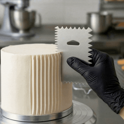 Pastry Tek 4-Pattern Metal Cake Scraper and Icing Comb with Wave and Wide Tooth Edge - 4.8" x 3.8" - 1 count box