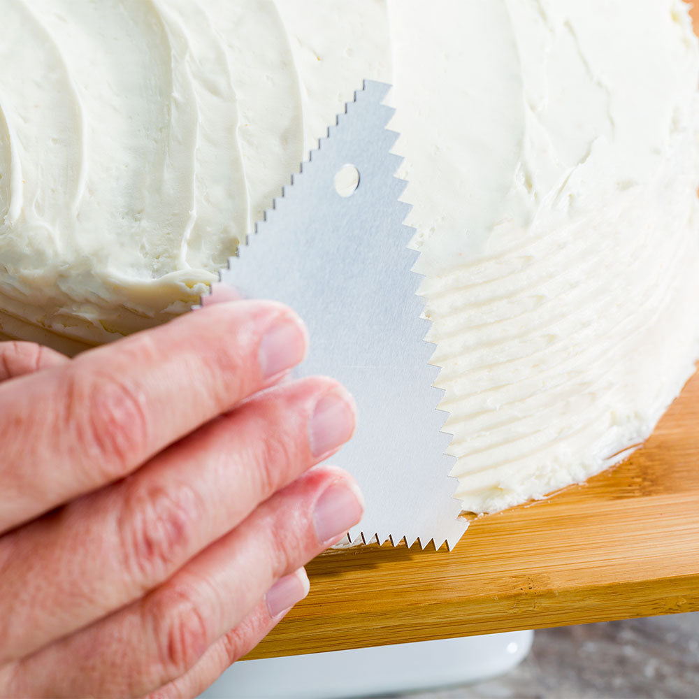 Pastry Tek 3-Pattern Metal Cake Scraper and Icing Comb with Fine and Wide Tooth Edge - 4.3" x 3.8" - 1 count box
