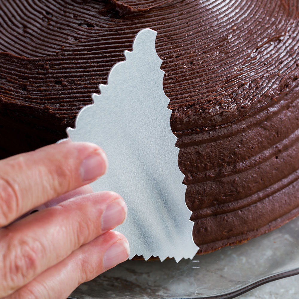 Pastry Tek 3-Pattern Metal Cake Scraper and Icing Comb with Pleated Design Edge - 4.3" x 3.8" - 1 count box