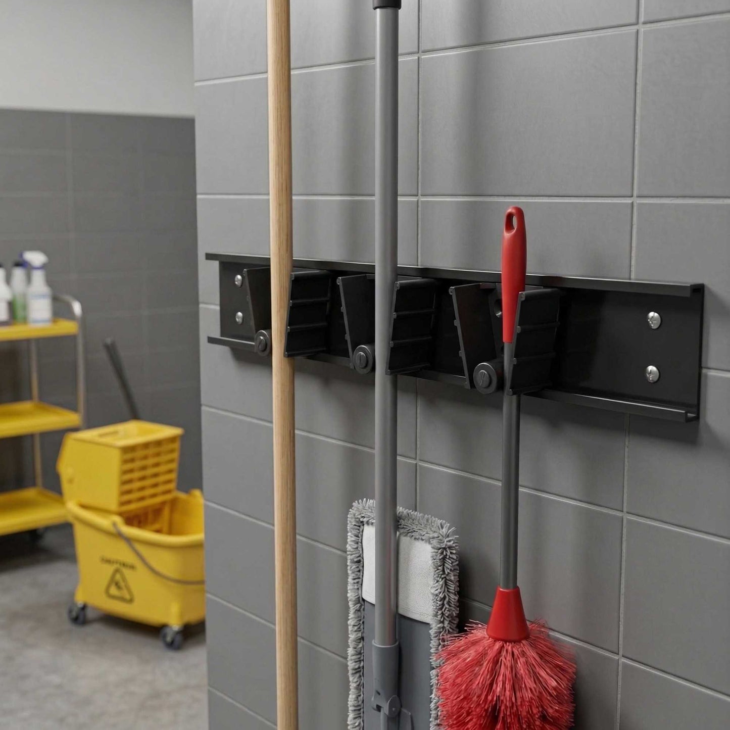 RW Clean Black Mop / Broom Holder - 3 Slots, Wall Mount - 17 3/4" - 1 count box